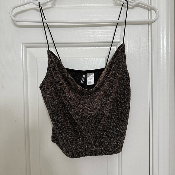 H&M Women’s Crop Top XS Gold Black Cowl-Neck Sparkly Glittery Strappy Stretchy - Picture 1 of 7